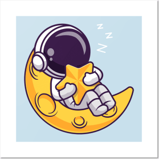 Cute Astronaut Sleeps On Moon Holding the Star Cartoon Posters and Art